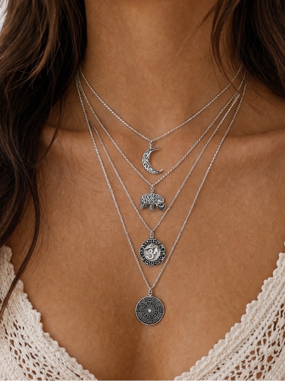 Layered Silver Pendant Necklace – Boho Moon Elephant Charm Multi Chain